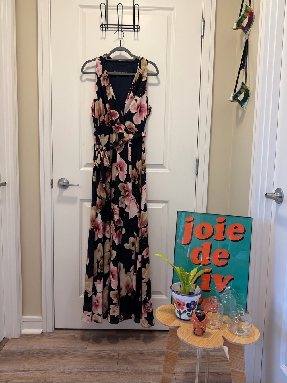 Chetta B Black Sleeveless Floral Wrap Maxi Dress with Pink & Cream Blooms